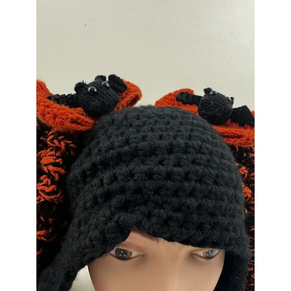 Handmade Crochet Halloween Wig Kawaii Hat Bats Bows Curls  Adults Black Orange - Picture 6 of 9